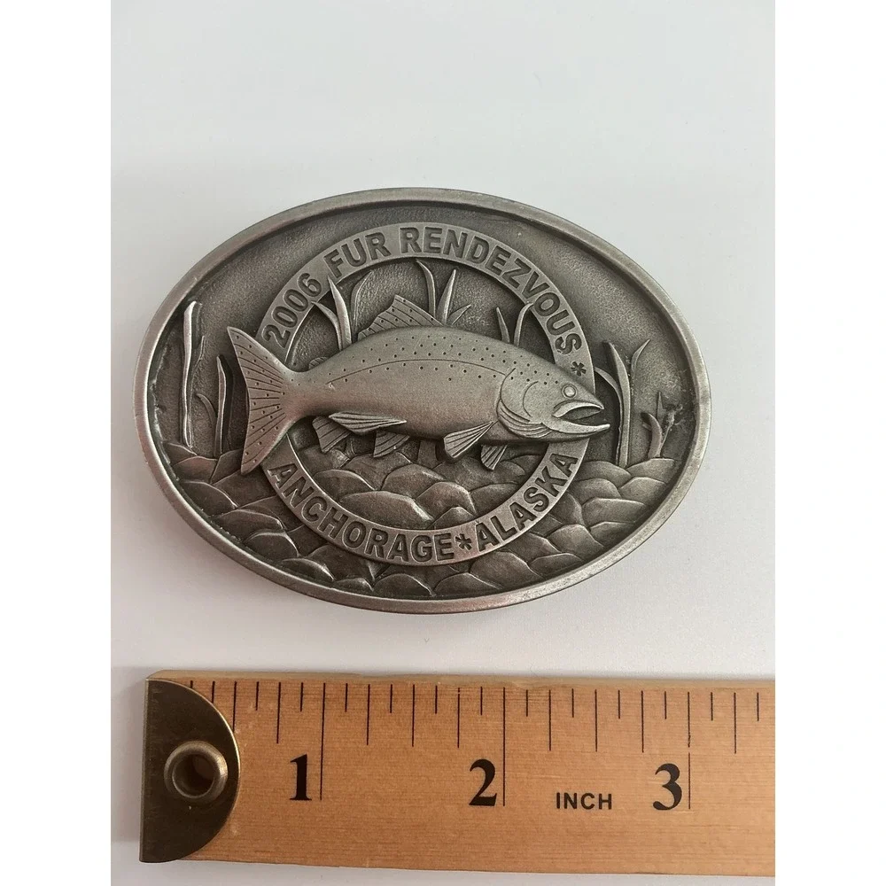 2006 Fur Rendezvous Anchorage Alaska Belt Buckle Trout Fish GAI Pewter Tone